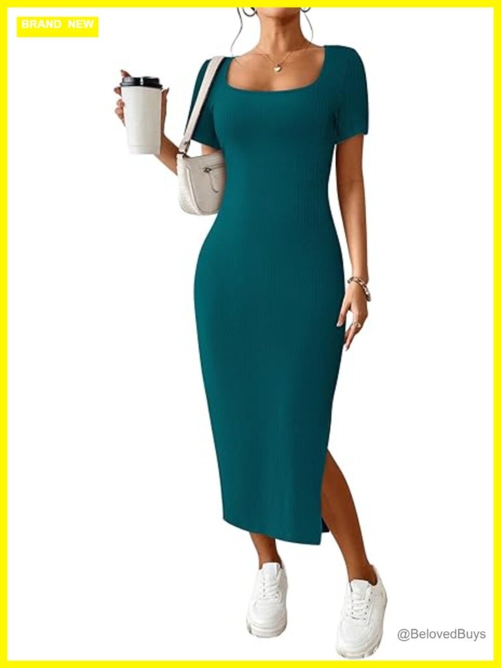 Ribbed Knit Short Sleeve Bodycon Maxi Dress Side Slit Square Neck Sundress